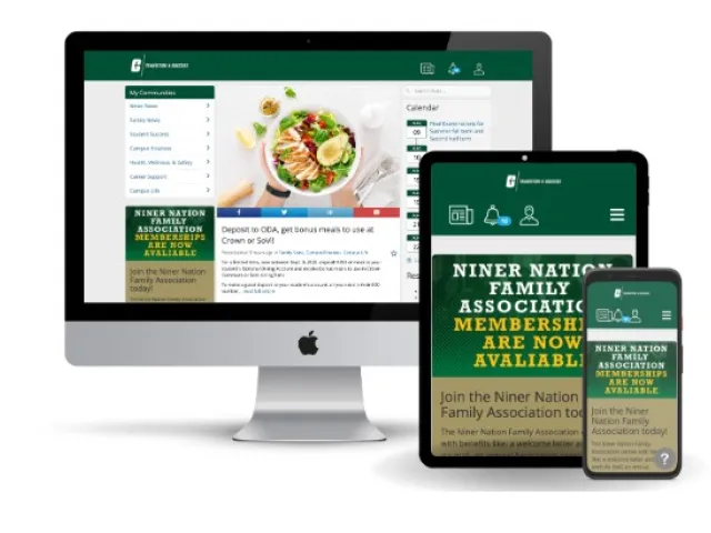 Computer, tablet, and cell phones all sharing information on the 49er Family Hub on their screens.